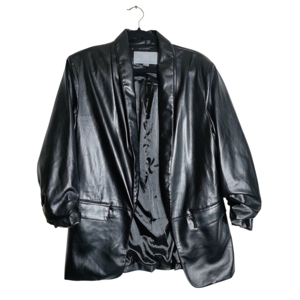 Tart Collections Black Faux Leather Ruched Sleeve Open Front Blazer sz L‎